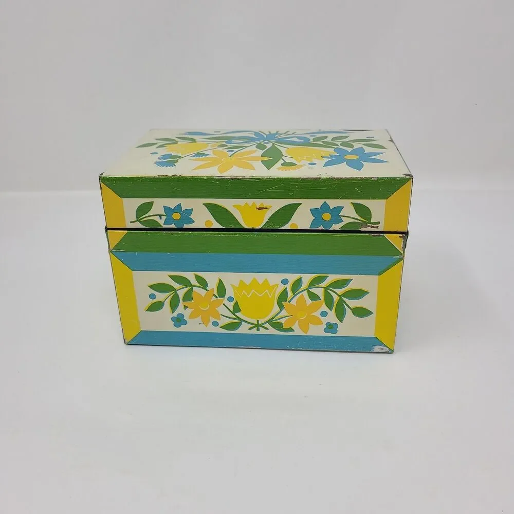 Vintage Metal Recipe Box Floral Yellow White Blue Orange Syndicate Mfg Co *READ